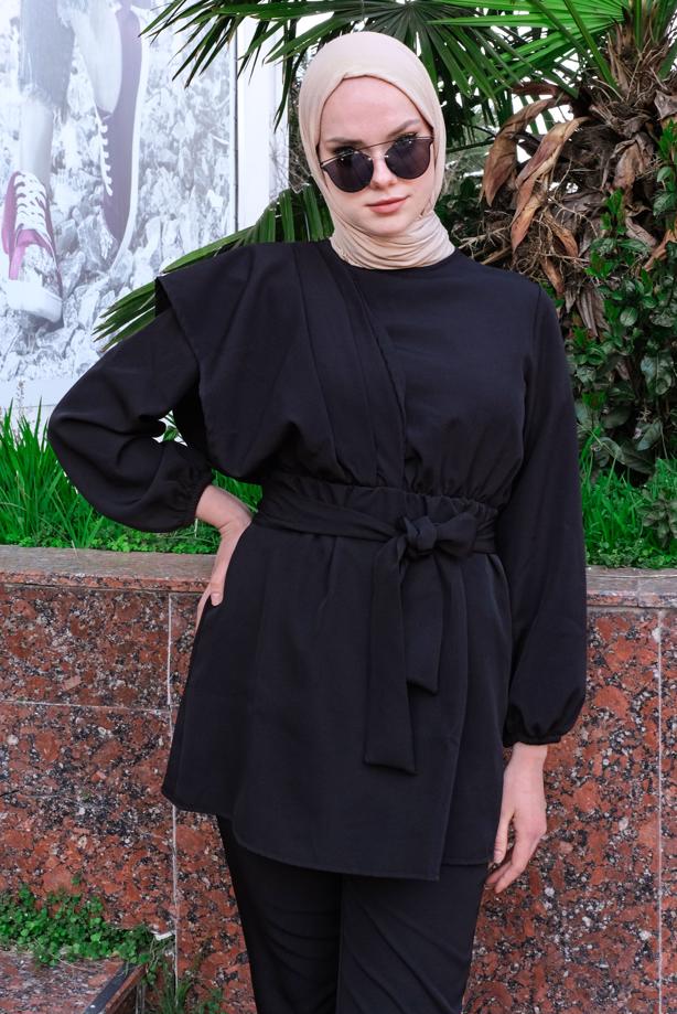 Hijab-Kleidung  BELİ BÜZGÜLÜ KUŞAKLI İKİLİ PANTOLONLU TAKIM T 2112 - TRENDTESETTÜR