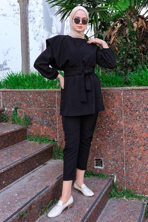 Hijab-Kleidung  BELİ BÜZGÜLÜ KUŞAKLI İKİLİ PANTOLONLU TAKIM T 2112 - TRENDTESETTÜR