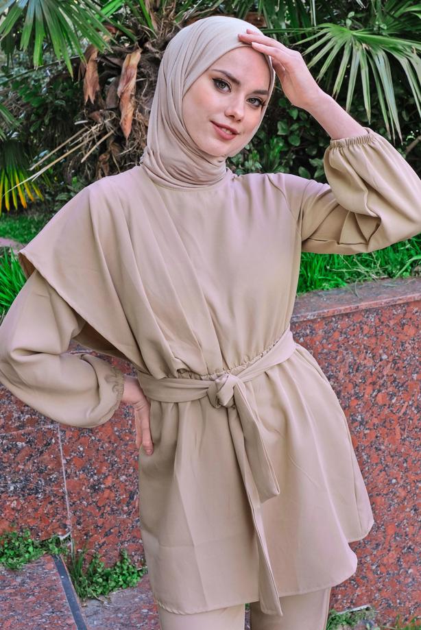Hijab clothing  SMOCKING WAIST BELTED 2-PIECE PANTS SUIT T 2112 - TRENDTESETTÜR