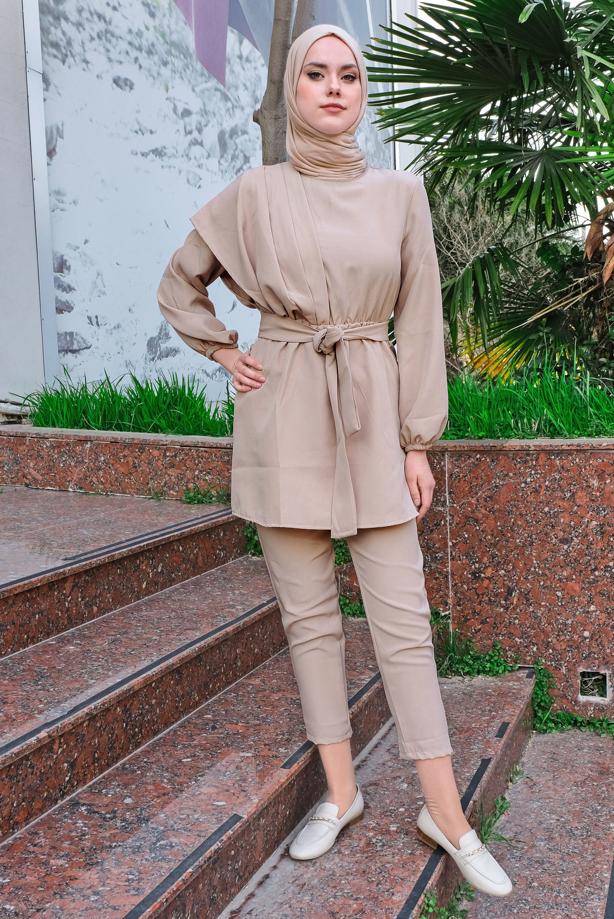 Hijab clothing  SMOCKING WAIST BELTED 2-PIECE PANTS SUIT T 2112 - TRENDTESETTÜR