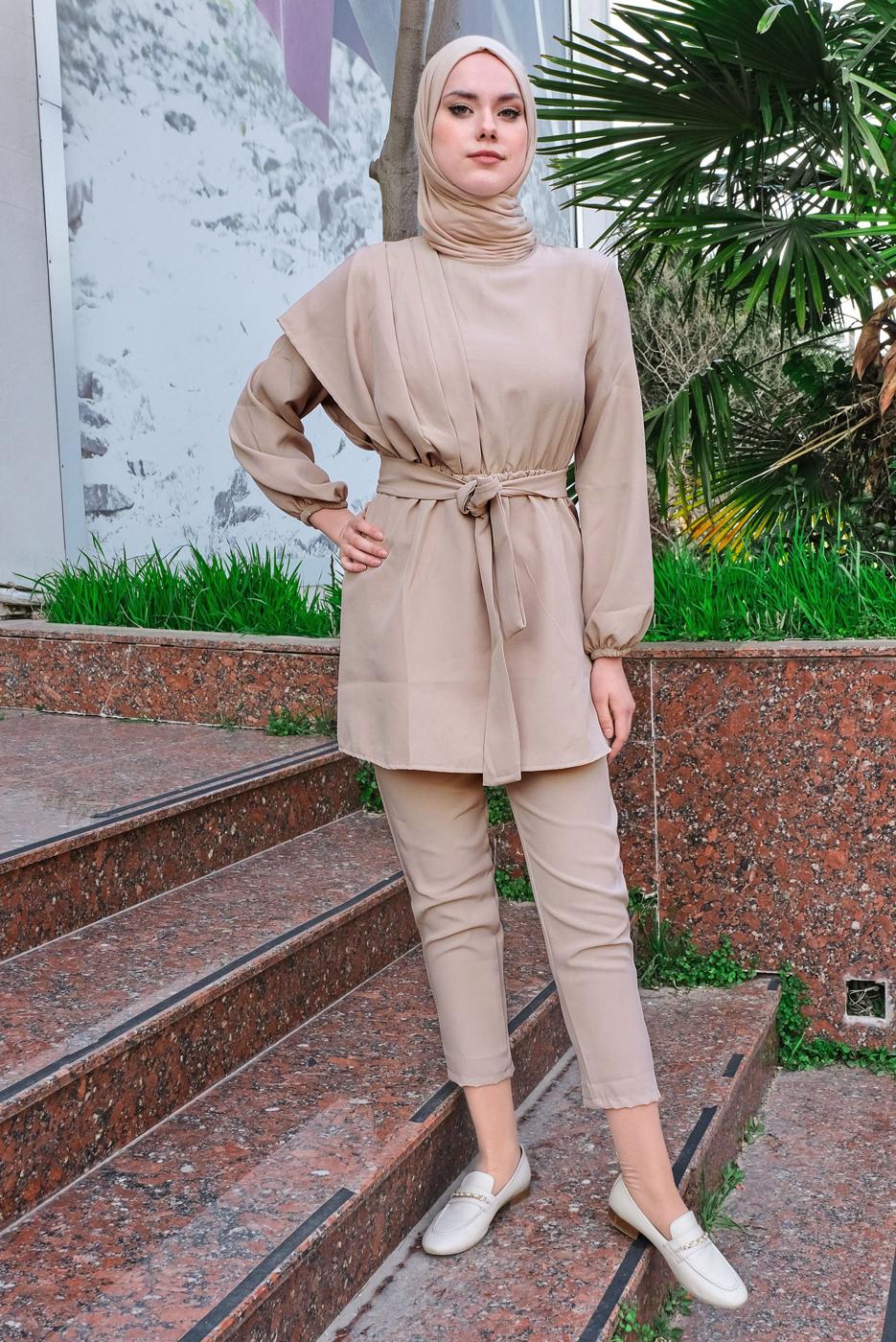Hijab clothing BEIGE SMOCKING WAIST BELTED 2-PIECE PANTS SUIT T 2112
