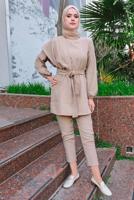 Hijab clothing BEIGE SMOCKING WAIST BELTED 2-PIECE PANTS SUIT T 2112