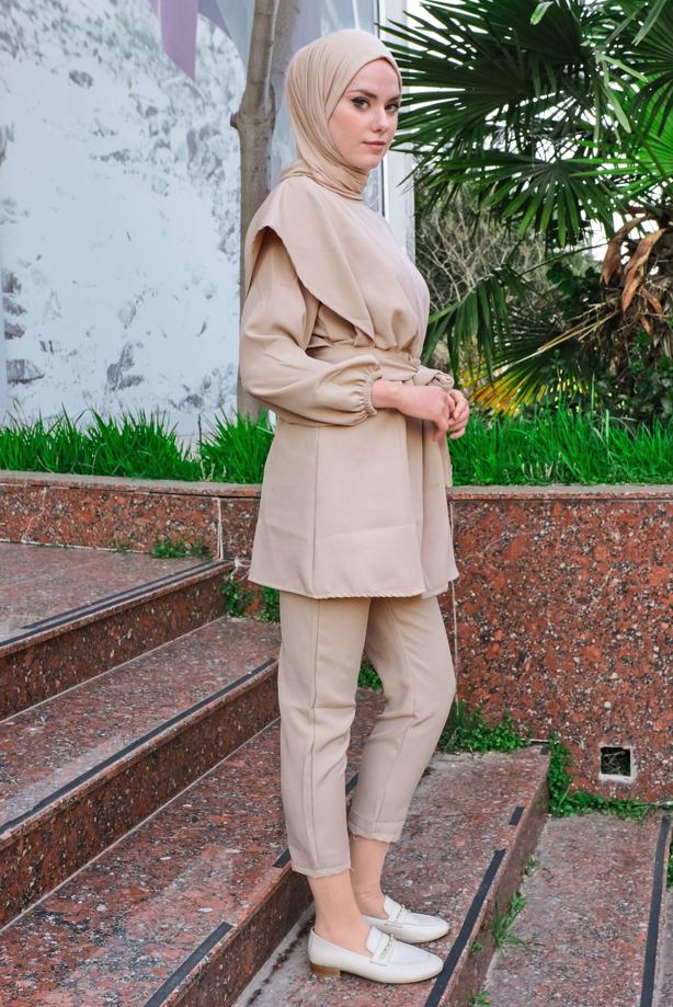 Hijab clothing  SMOCKING WAIST BELTED 2-PIECE PANTS SUIT T 2112 - TRENDTESETTÜR