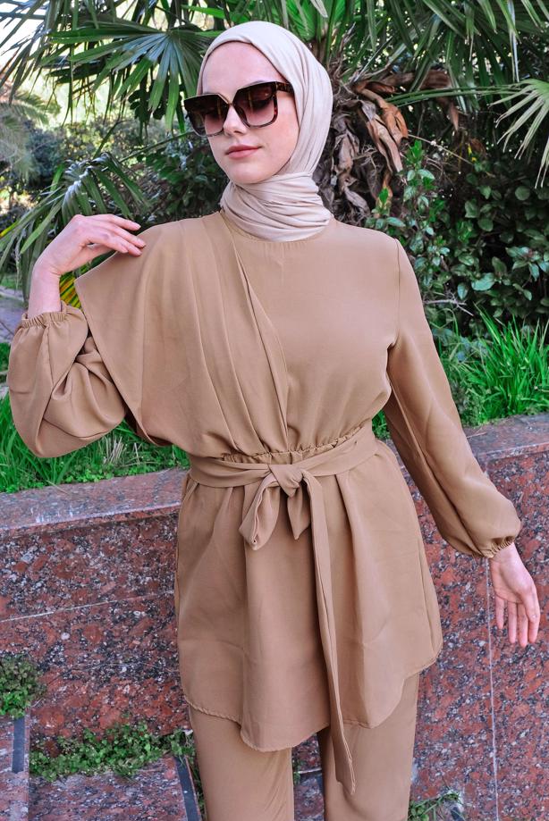 Vêtements hijab  SMOCKING WAIST BELTED 2-PIECE PANTS SUIT T 2112 - TRENDTESETTÜR