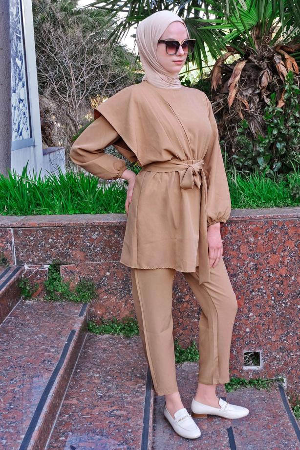 Vêtements hijab  SMOCKING WAIST BELTED 2-PIECE PANTS SUIT T 2112 - TRENDTESETTÜR