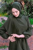 Hijab clothing KHAKI SMOCKING WAIST BELTED 2-PIECE PANTS SUIT T 2112
