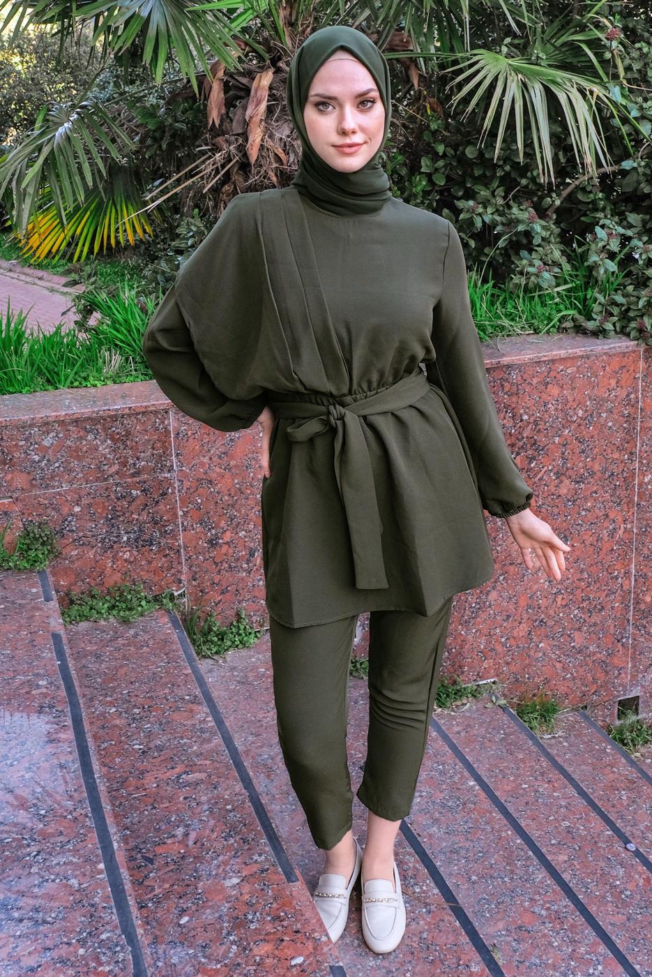 Hijab clothing KHAKI SMOCKING WAIST BELTED 2-PIECE PANTS SUIT T 2112
