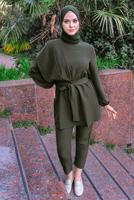 Hijab clothing KHAKI SMOCKING WAIST BELTED 2-PIECE PANTS SUIT T 2112