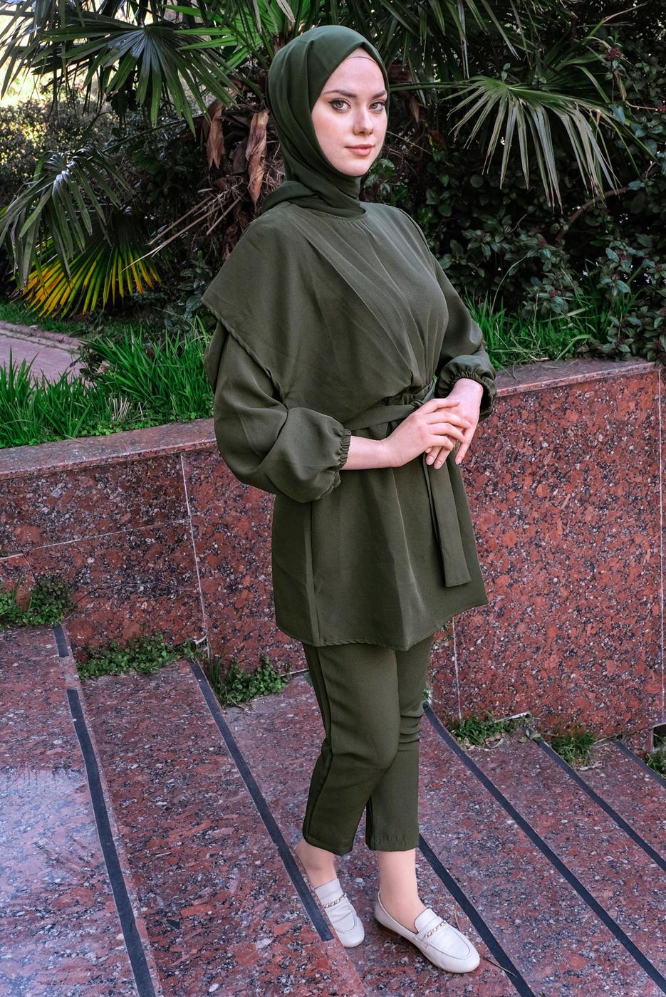 Hijab clothing KHAKI SMOCKING WAIST BELTED 2-PIECE PANTS SUIT T 2112