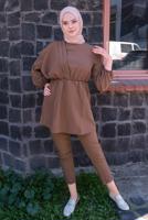 Tesettür giyim KAHVE BELİ BÜZGÜLÜ KUŞAKLI İKİLİ PANTOLONLU TAKIM T 2112