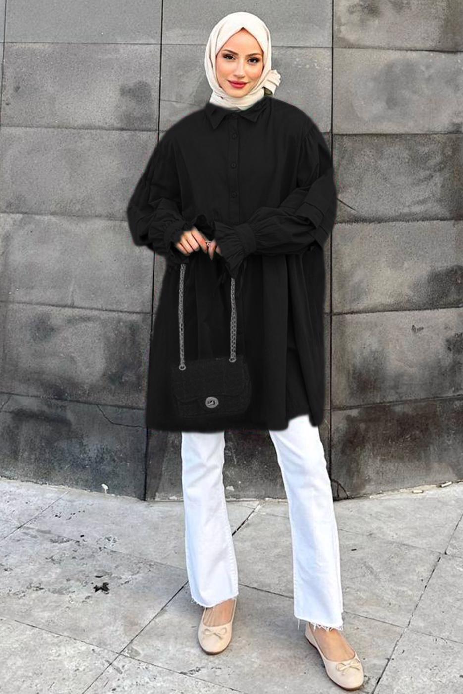 Tesettür giyim SİYAH ROBADAN VOLANLI DÜĞMELİ TUNİK T 0178