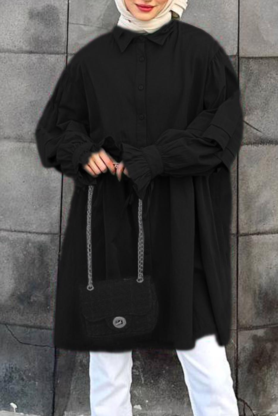 Tesettür giyim SİYAH ROBADAN VOLANLI DÜĞMELİ TUNİK T 0178