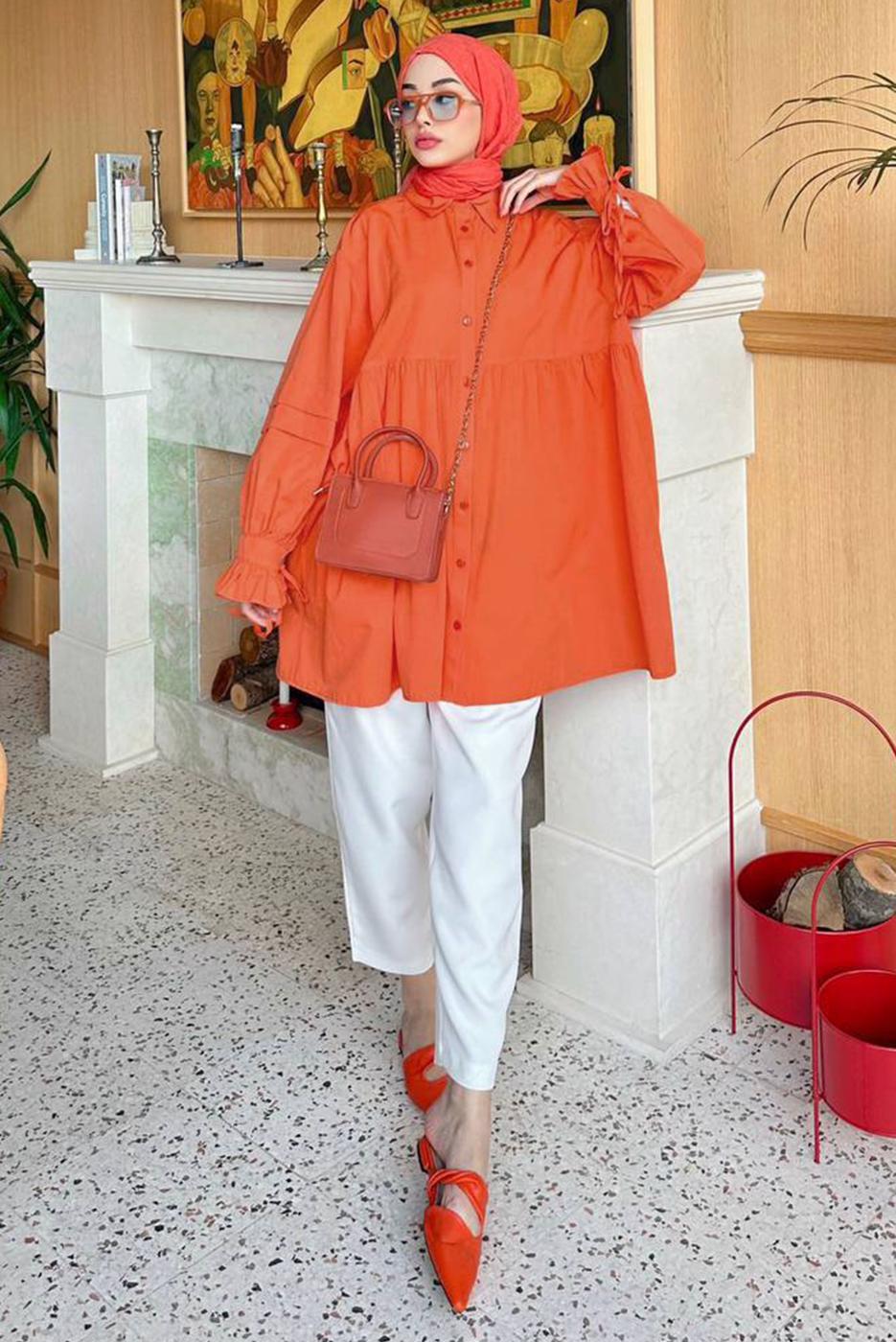 Tesettür giyim TURUNCU ROBADAN VOLANLI DÜĞMELİ TUNİK T 0178