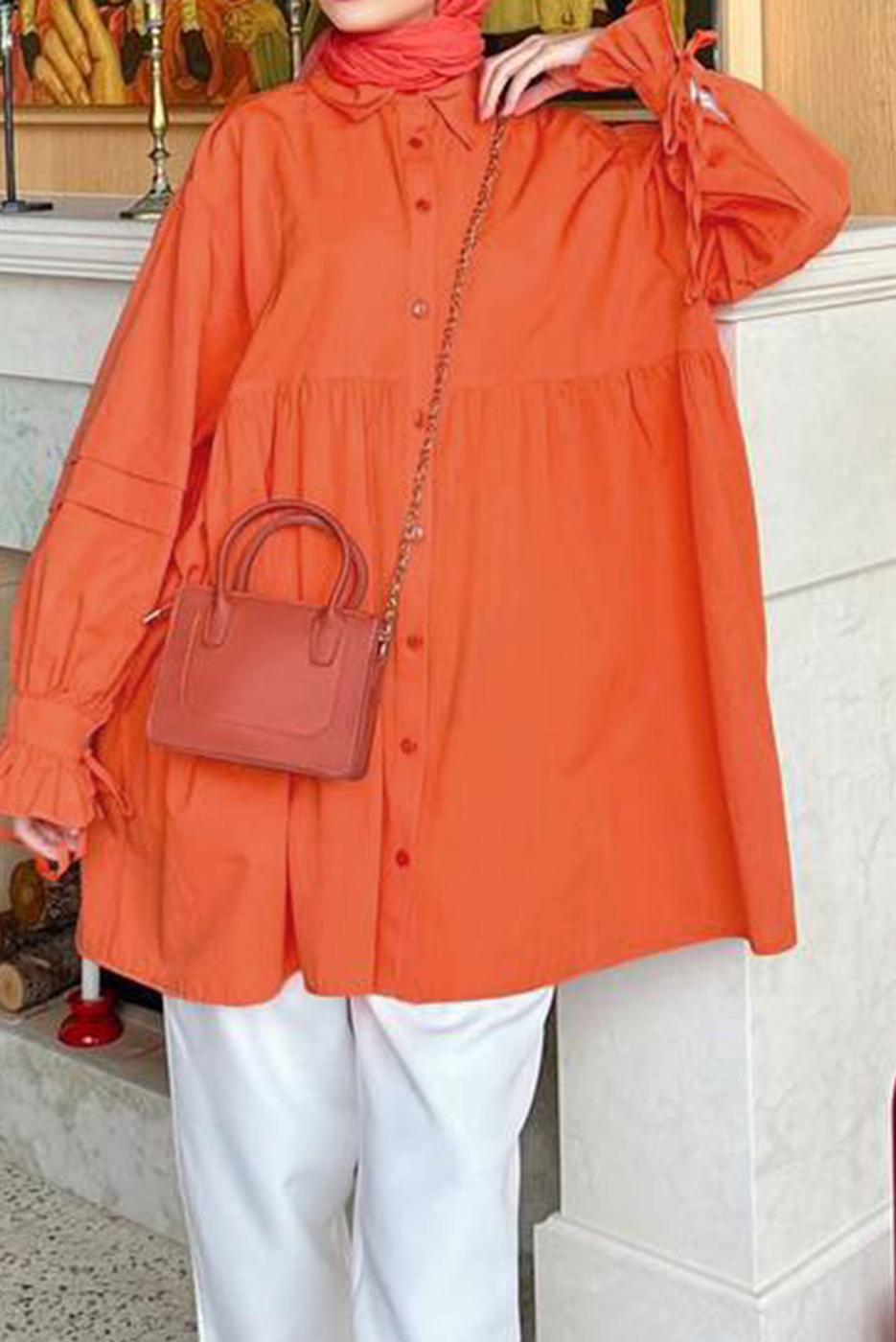 Tesettür giyim TURUNCU ROBADAN VOLANLI DÜĞMELİ TUNİK T 0178