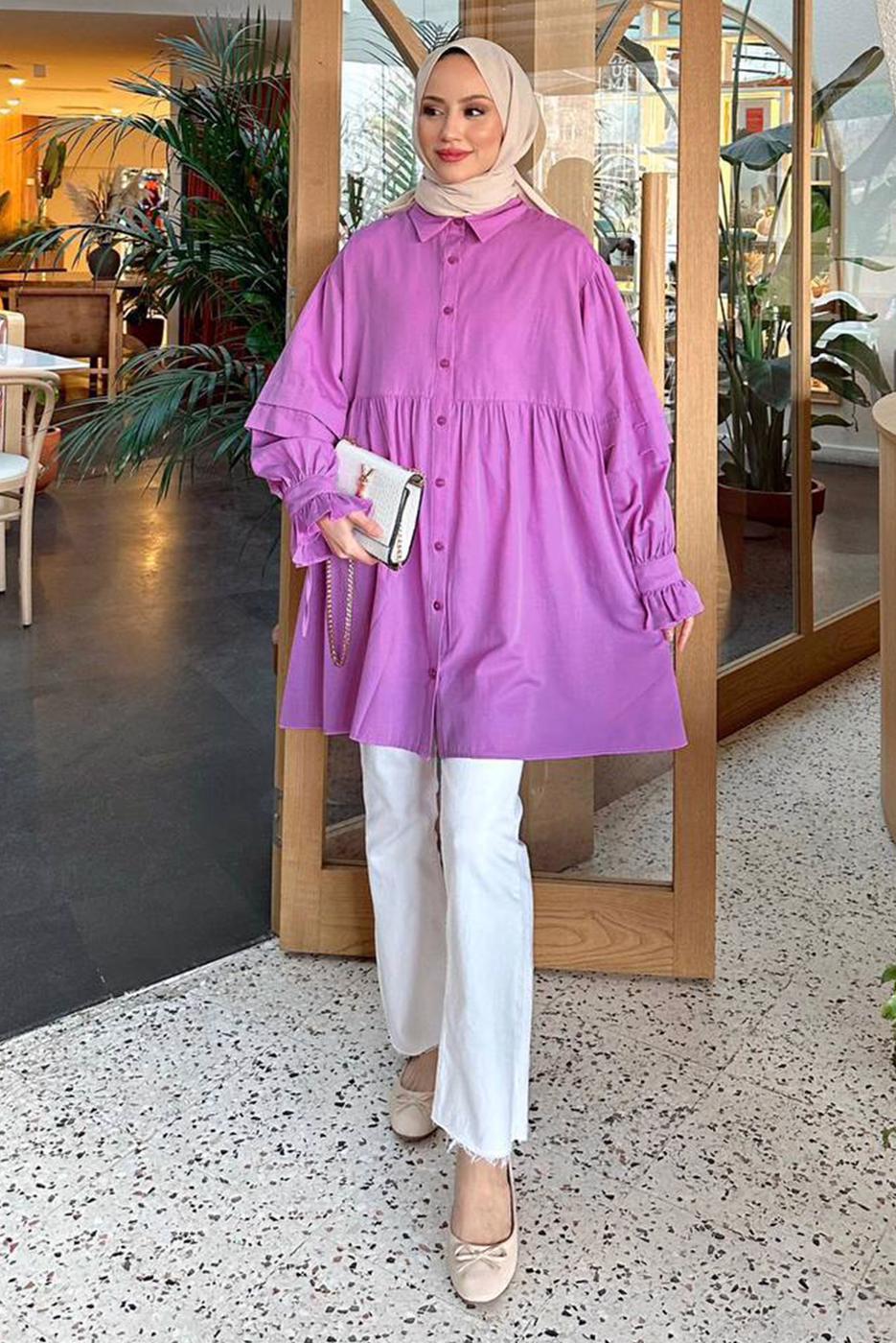 Tesettür giyim MÜRDÜM ROBADAN VOLANLI DÜĞMELİ TUNİK T 0178