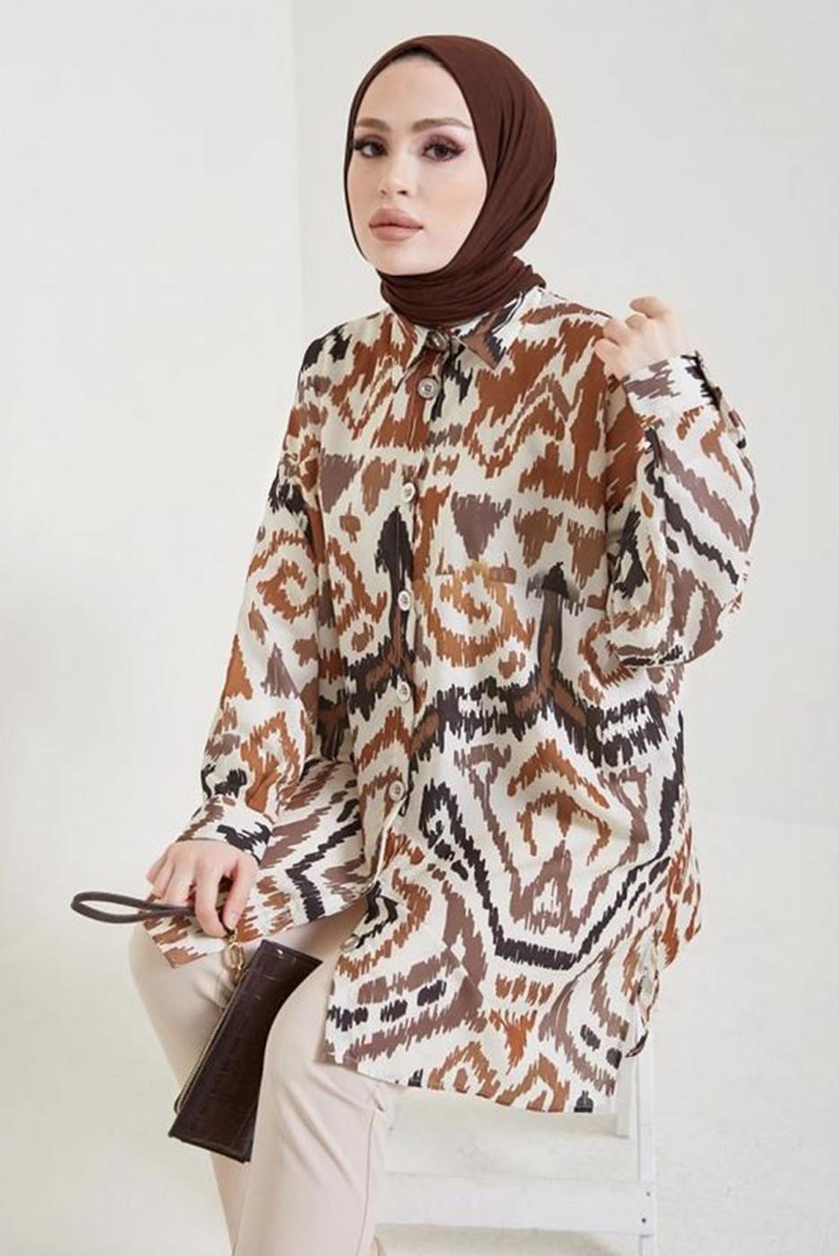 Tesettür giyim VİZON DESENLİ GÖMLEK TUNİK T 0888-2