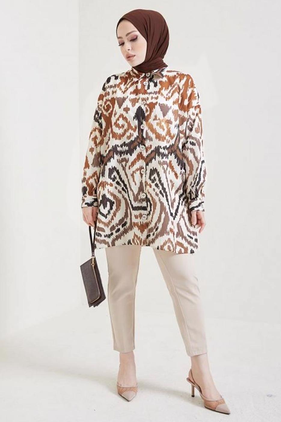 Tesettür giyim VİZON DESENLİ GÖMLEK TUNİK T 0888-2