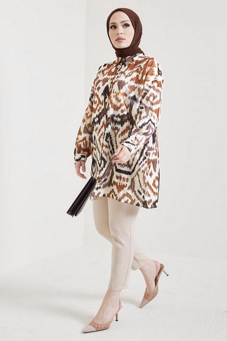 Tesettür giyim VİZON DESENLİ GÖMLEK TUNİK T 0888-2