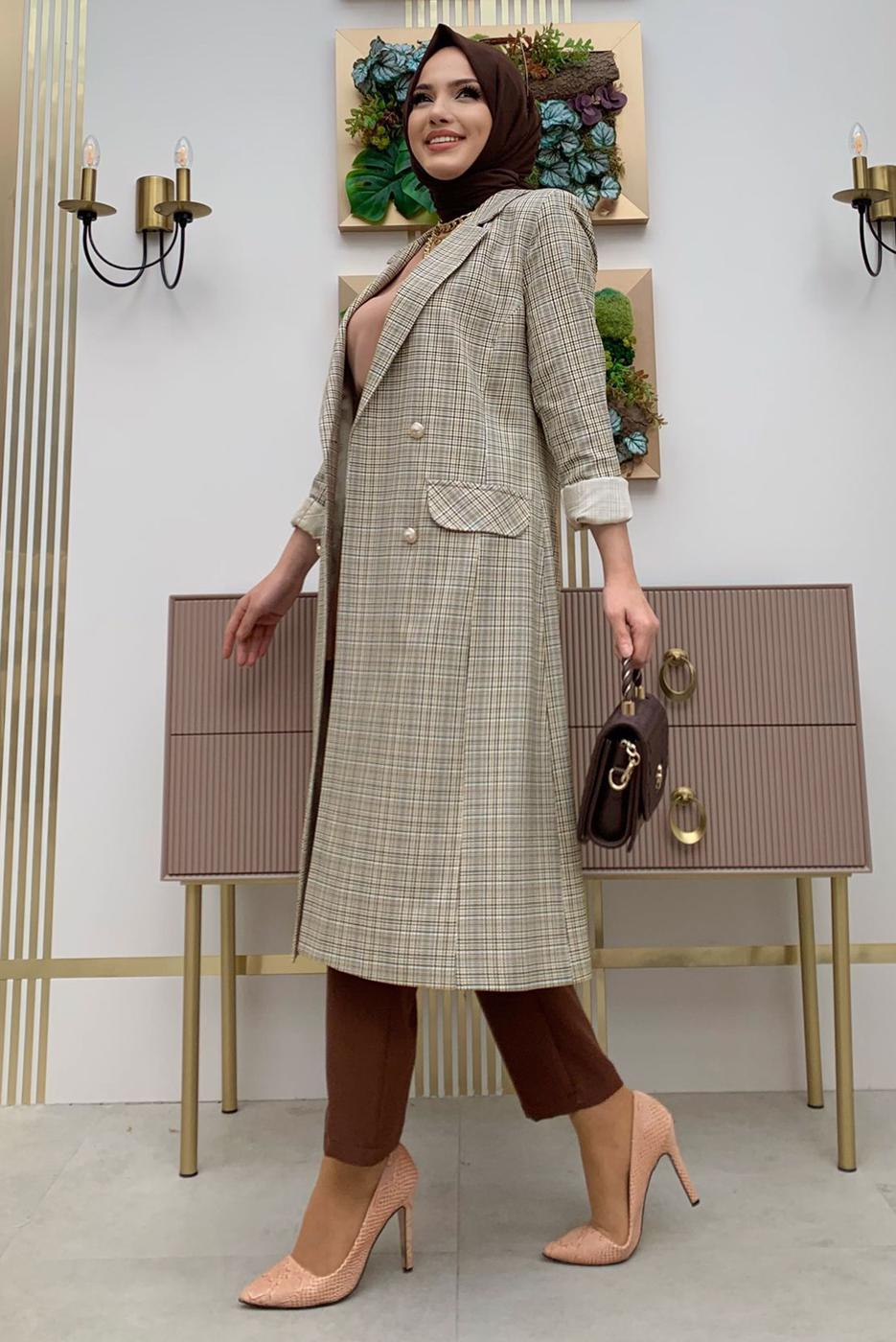 Hijab clothing MINK BUTTON DETAIL PLAID PATTERNED JACKET T 5867