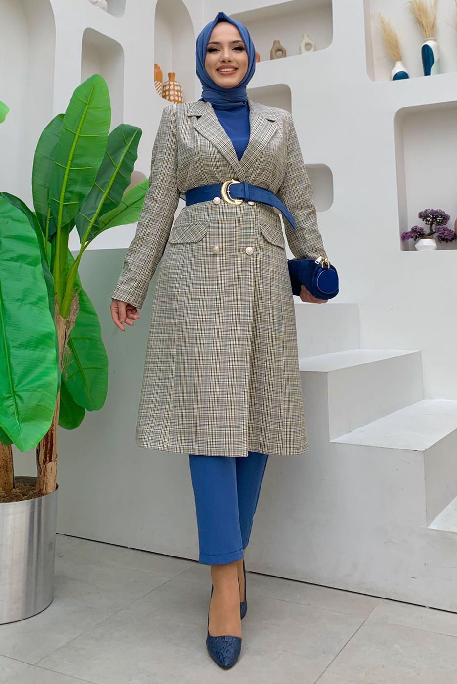 Hijab clothing NAVY BLUE BUTTON DETAIL PLAID PATTERNED JACKET T 5867