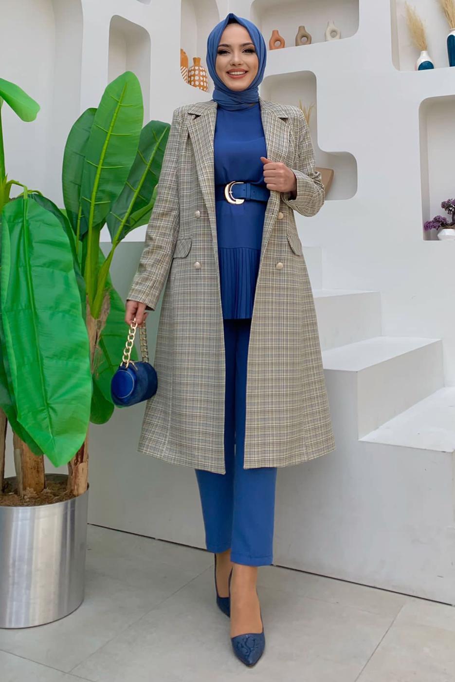 Hijab clothing NAVY BLUE BUTTON DETAIL PLAID PATTERNED JACKET T 5867