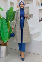 Hijab clothing NAVY BLUE BUTTON DETAIL PLAID PATTERNED JACKET T 5867