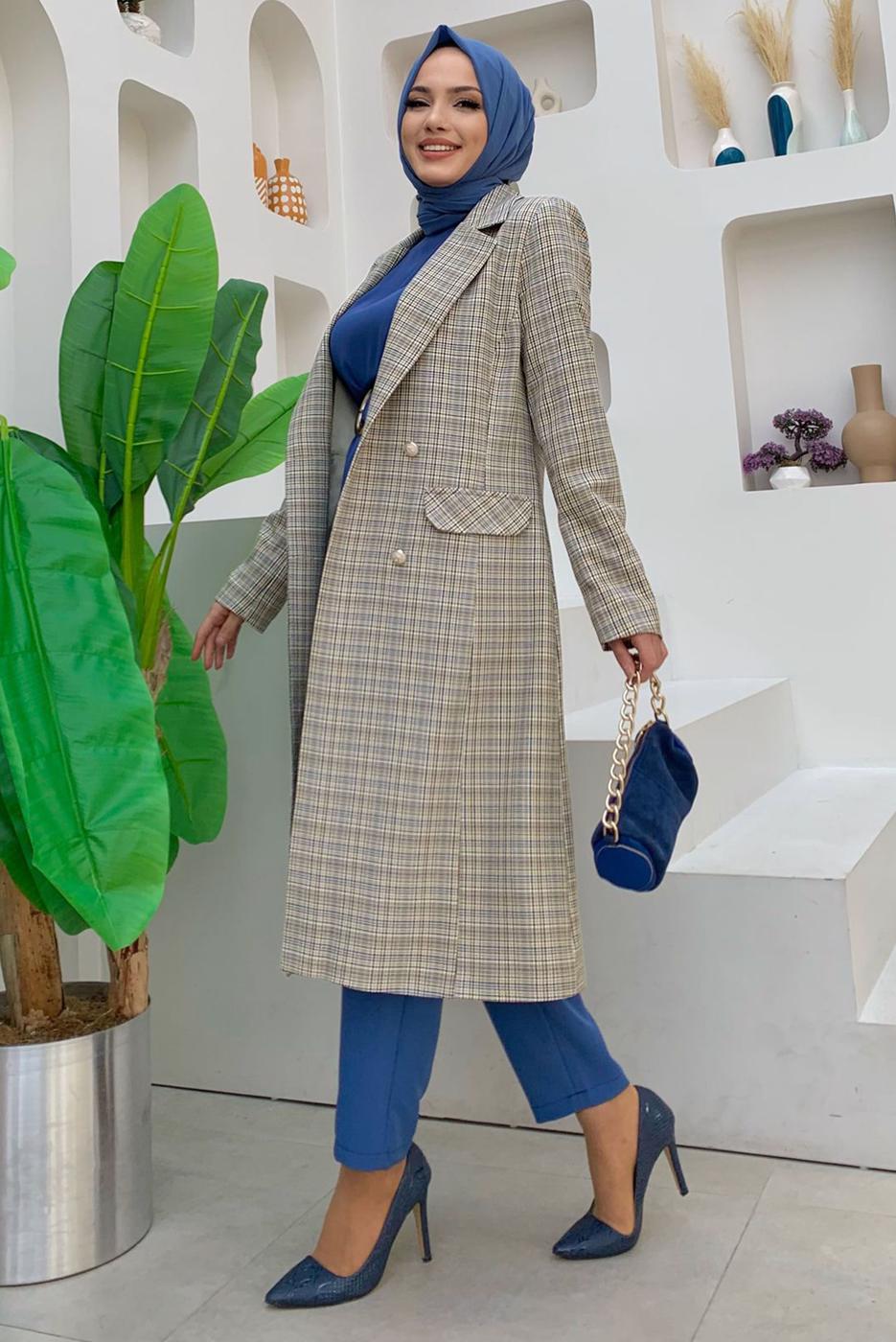 Hijab clothing NAVY BLUE BUTTON DETAIL PLAID PATTERNED JACKET T 5867