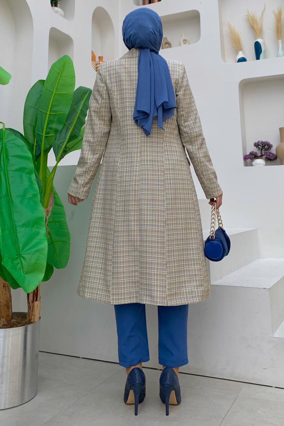 Hijab clothing NAVY BLUE BUTTON DETAIL PLAID PATTERNED JACKET T 5867