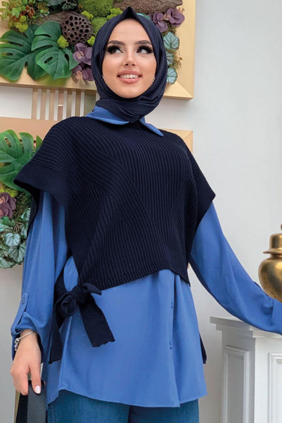 Hijab clothing NAVY BLUE SLEEVELESS KNITWEAR SWEATER WITH TIE DETAIL T 73222
