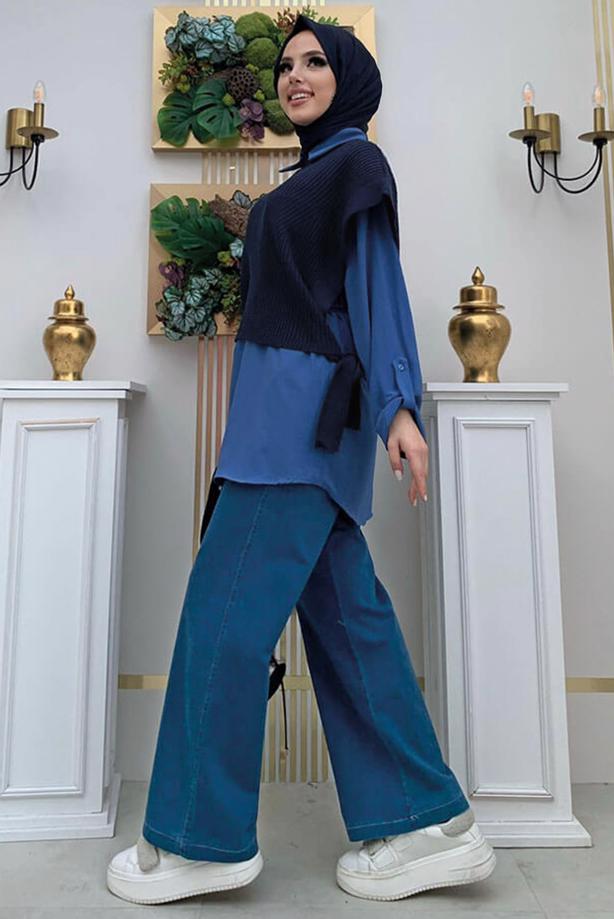 Hijab clothing NAVY BLUE SLEEVELESS KNITWEAR SWEATER WITH TIE DETAIL T 73222 - TRENDTESETTÜR