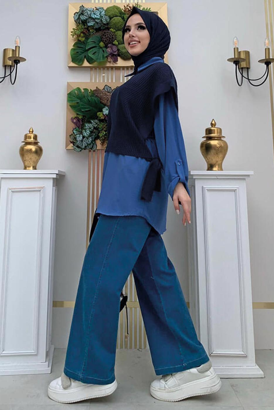 Hijab clothing NAVY BLUE SLEEVELESS KNITWEAR SWEATER WITH TIE DETAIL T 73222