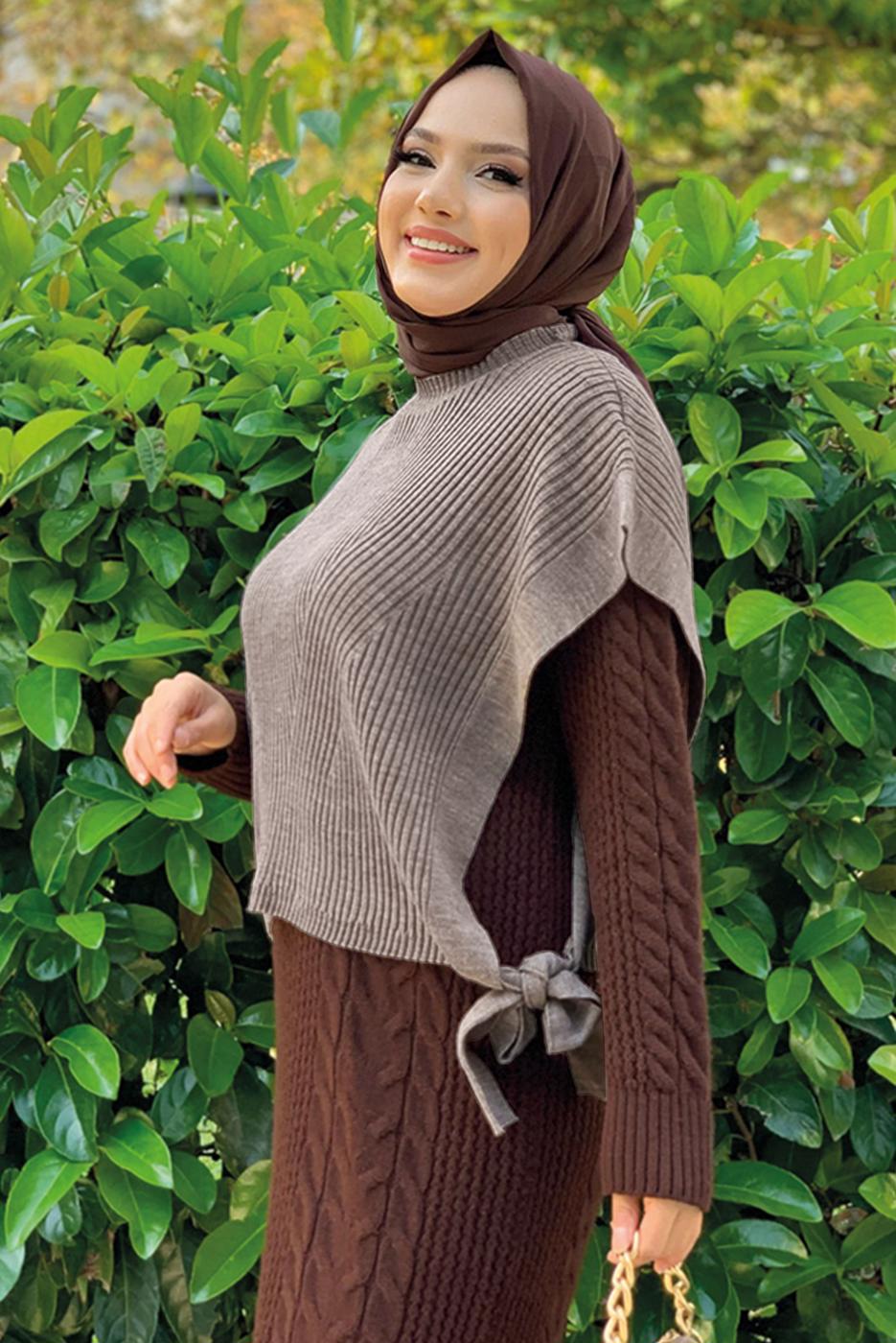 Hijab clothing MINK SLEEVELESS KNITWEAR SWEATER WITH TIE DETAIL T 73222