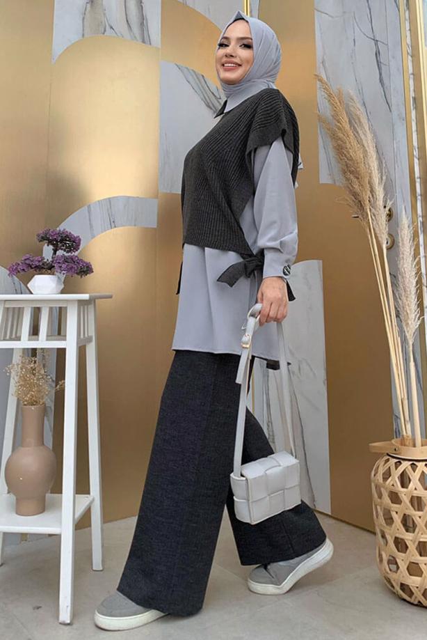 Vêtements hijab GRIS PULL EN MAILLE SANS MANCHES À NOUER T 73222 - TRENDTESETTÜR