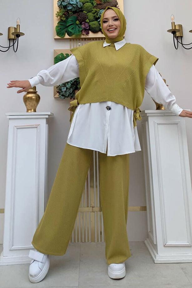 Tesettür giyim YEŞİL KOLSUZ YANDAN BAĞLAMA DETAYLI TRİKO KAZAK T 73222 - TRENDTESETTÜR