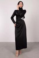 Tesettür giyim SİYAH TAŞ BASKILI PİLİSE DETAYLI ABİYE ELBİSE T 0495