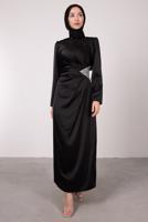 Tesettür giyim SİYAH TAŞ BASKILI PİLİSE DETAYLI ABİYE ELBİSE T 0495