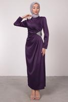 Tesettür giyim MOR TAŞ BASKILI PİLİSE DETAYLI ABİYE ELBİSE T 0495