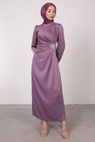 Tesettür giyim MOR TAŞ BASKILI PİLİSE DETAYLI ABİYE ELBİSE T 0495