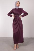 Tesettür giyim MÜRDÜM TAŞ BASKILI PİLİSE DETAYLI ABİYE ELBİSE T 0495