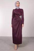 Tesettür giyim MÜRDÜM TAŞ BASKILI PİLİSE DETAYLI ABİYE ELBİSE T 0495