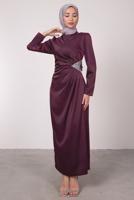 Tesettür giyim MÜRDÜM TAŞ BASKILI PİLİSE DETAYLI ABİYE ELBİSE T 0495