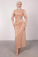 Tesettür giyim PUDRA TAŞ BASKILI PİLİSE DETAYLI ABİYE ELBİSE T 0495