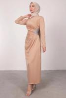 Tesettür giyim PUDRA TAŞ BASKILI PİLİSE DETAYLI ABİYE ELBİSE T 0495