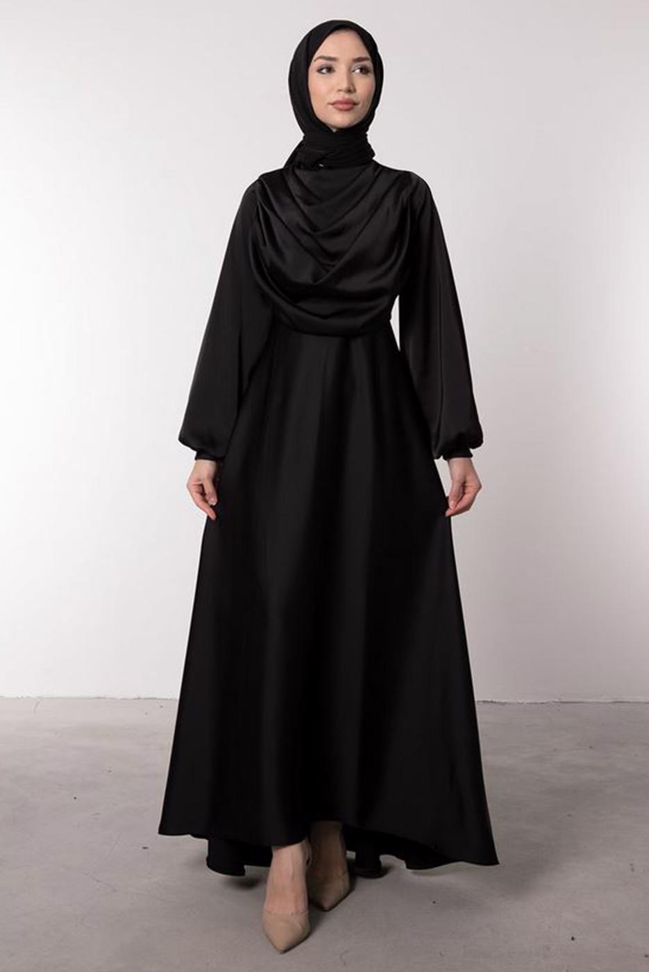 Tesettür giyim SİYAH SATEN ABİYE ELBİSE T 0595