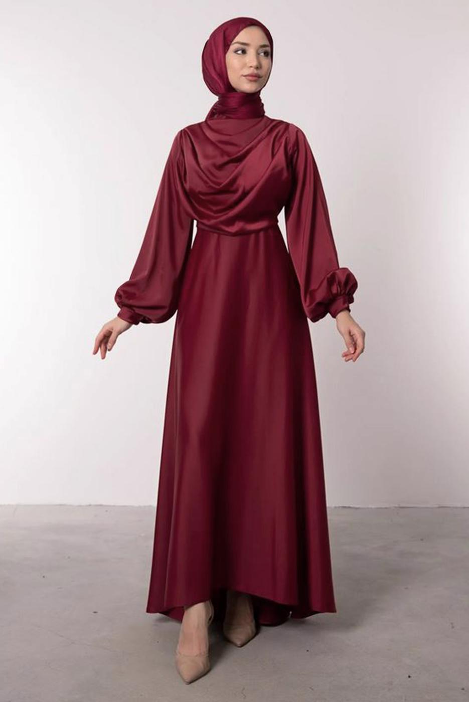 Tesettür giyim BORDO SATEN ABİYE ELBİSE T 0595