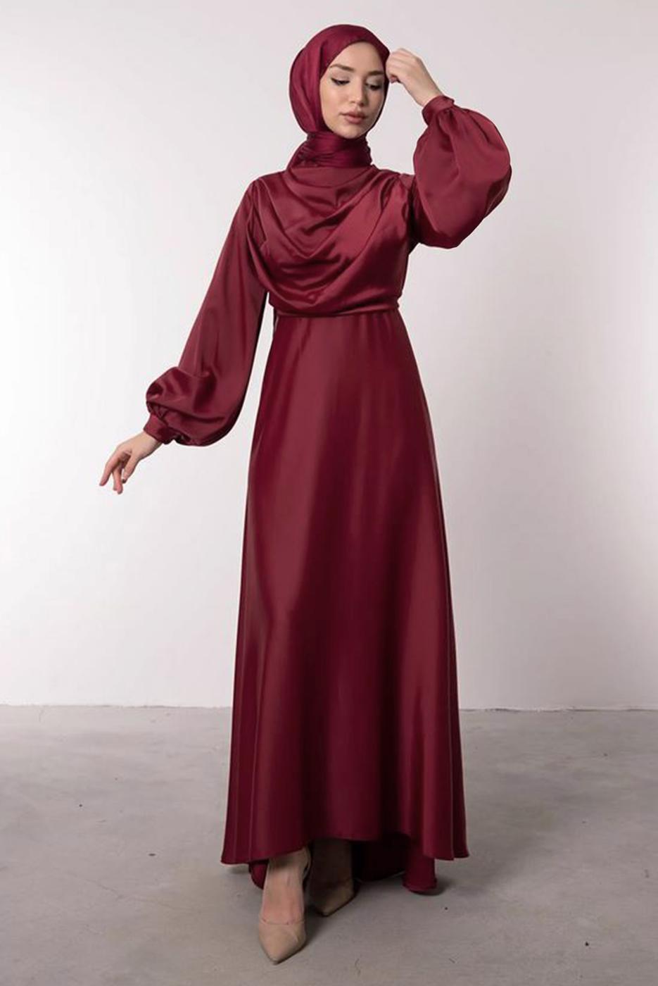 Tesettür giyim BORDO SATEN ABİYE ELBİSE T 0595