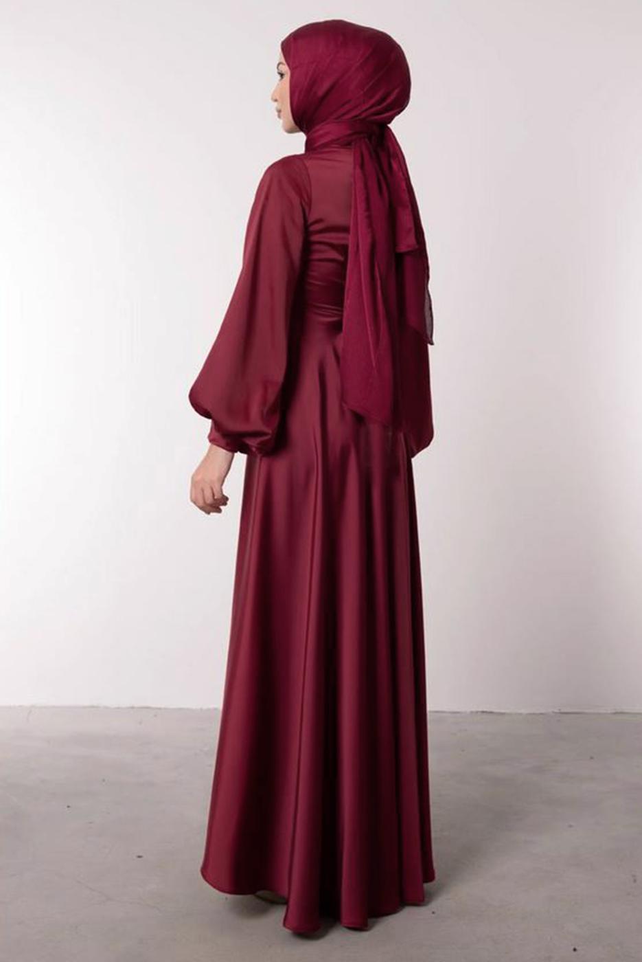Tesettür giyim BORDO SATEN ABİYE ELBİSE T 0595