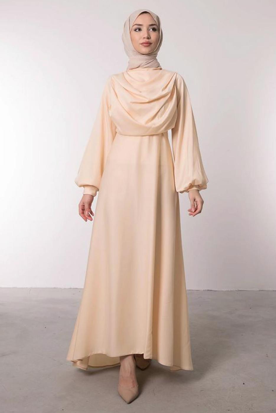 Tesettür giyim BEJ SATEN ABİYE ELBİSE T 0595