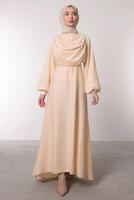 Tesettür giyim BEJ SATEN ABİYE ELBİSE T 0595