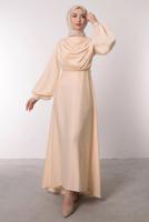 Tesettür giyim BEJ SATEN ABİYE ELBİSE T 0595